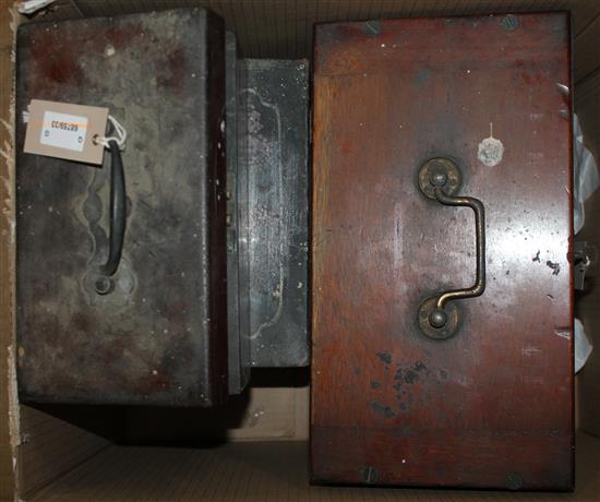 Brass-handled mahogany tea caddy, similar specimen box and sundry boxes
